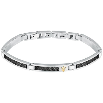 Ανδρικό βραχιόλι Maserati JM423AVD24 από ανοξείδωτο ατσάλι, με ασημί-μαύρο μπρασελέ και χρυσή τρίαινα.